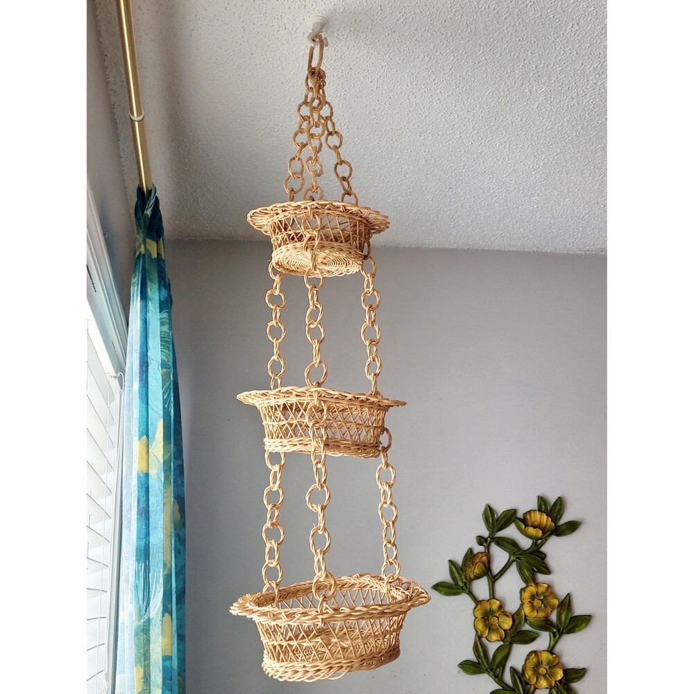 Vintage Handwoven Rattan Hanging Basket 3-Tier Organizer
